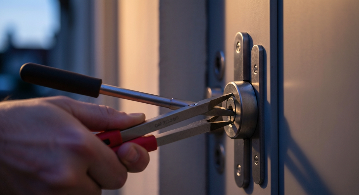 Main d'un serrurier utilisant des outils sur une serrure de porte résidentielle, la nuit.