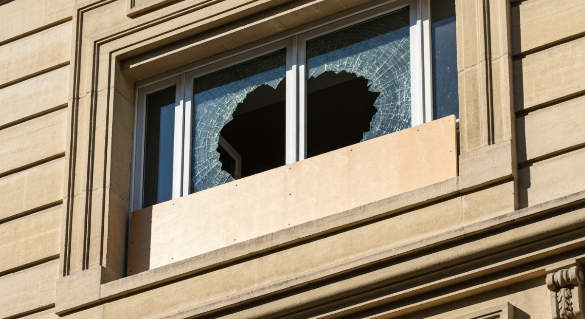Vitre cassée sécurisée par un panneau temporaire sur la façade d'un bâtiment à Bordeaux.